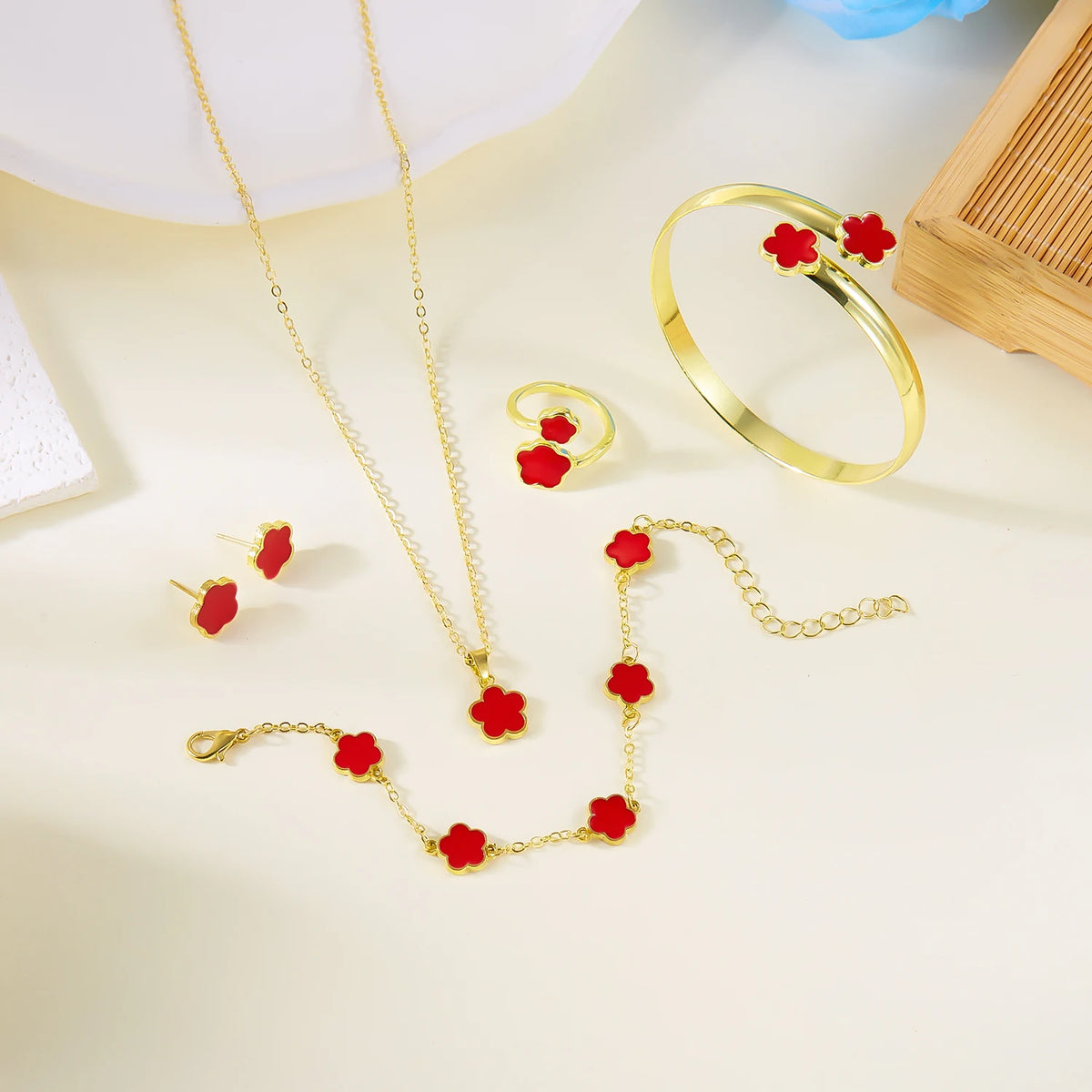 5pcs/set Colorful Enamel Plum Blossom Bracelets for Women Lucky Five Leaf Flower Necklace Earring Elegance Party Jewelry Gifts