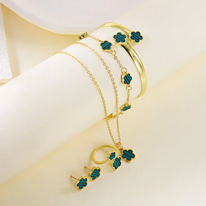 5pcs/set Colorful Enamel Plum Blossom Bracelets for Women Lucky Five Leaf Flower Necklace Earring Elegance Party Jewelry Gifts