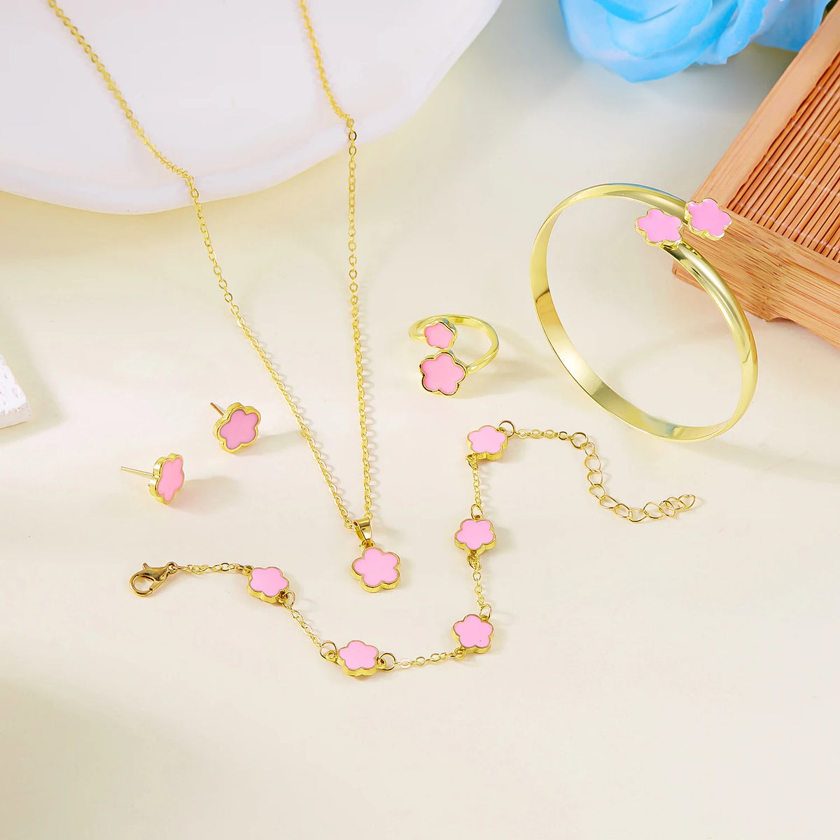 5pcs/set Colorful Enamel Plum Blossom Bracelets for Women Lucky Five Leaf Flower Necklace Earring Elegance Party Jewelry Gifts