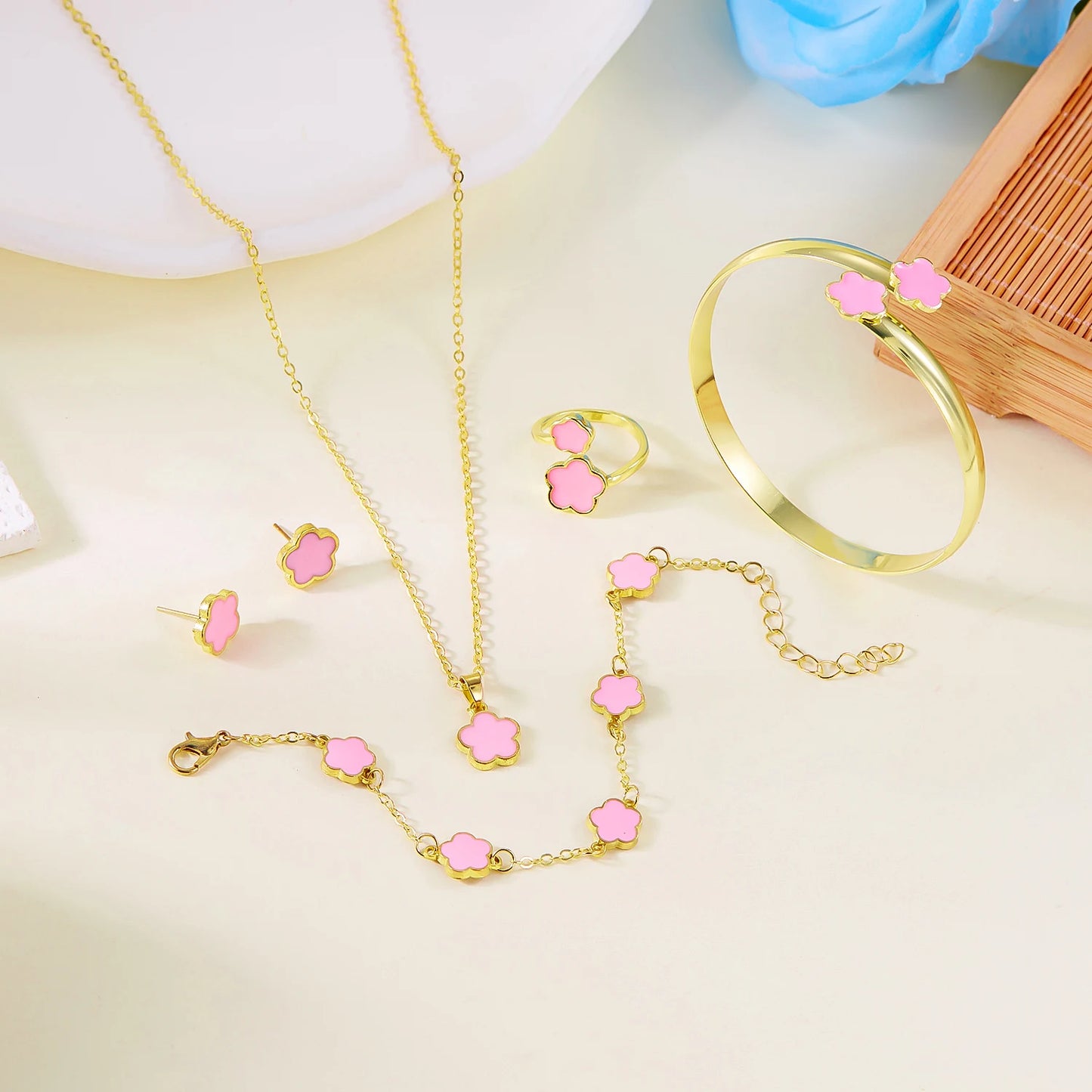 5pcs/set Colorful Enamel Plum Blossom Bracelets for Women Lucky Five Leaf Flower Necklace Earring Elegance Party Jewelry Gifts
