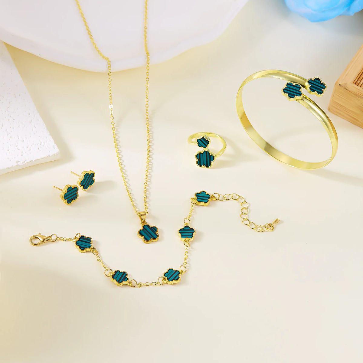 5pcs/set Colorful Enamel Plum Blossom Bracelets for Women Lucky Five Leaf Flower Necklace Earring Elegance Party Jewelry Gifts