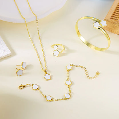 5pcs/set Colorful Enamel Plum Blossom Bracelets for Women Lucky Five Leaf Flower Necklace Earring Elegance Party Jewelry Gifts