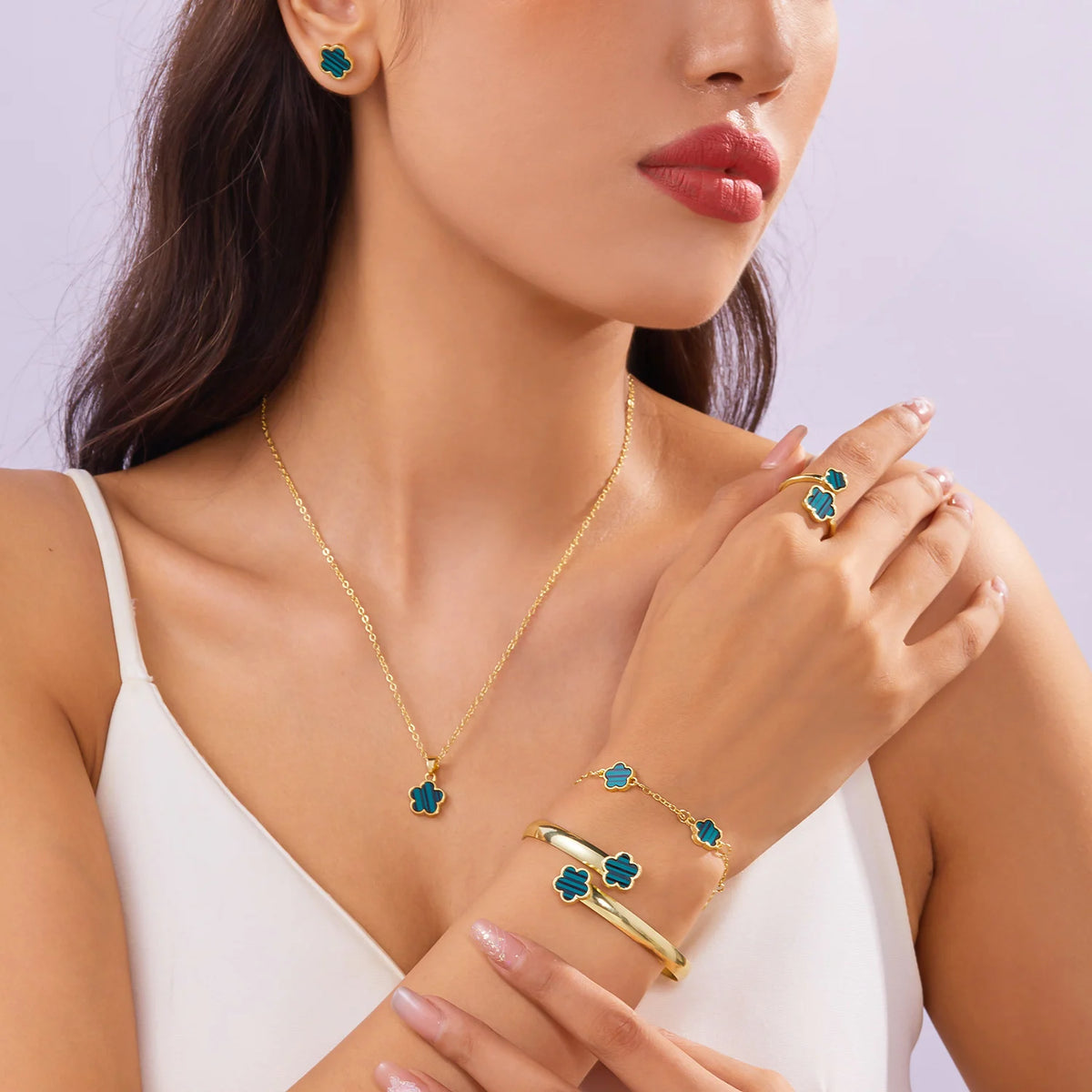 5pcs/set Colorful Enamel Plum Blossom Bracelets for Women Lucky Five Leaf Flower Necklace Earring Elegance Party Jewelry Gifts